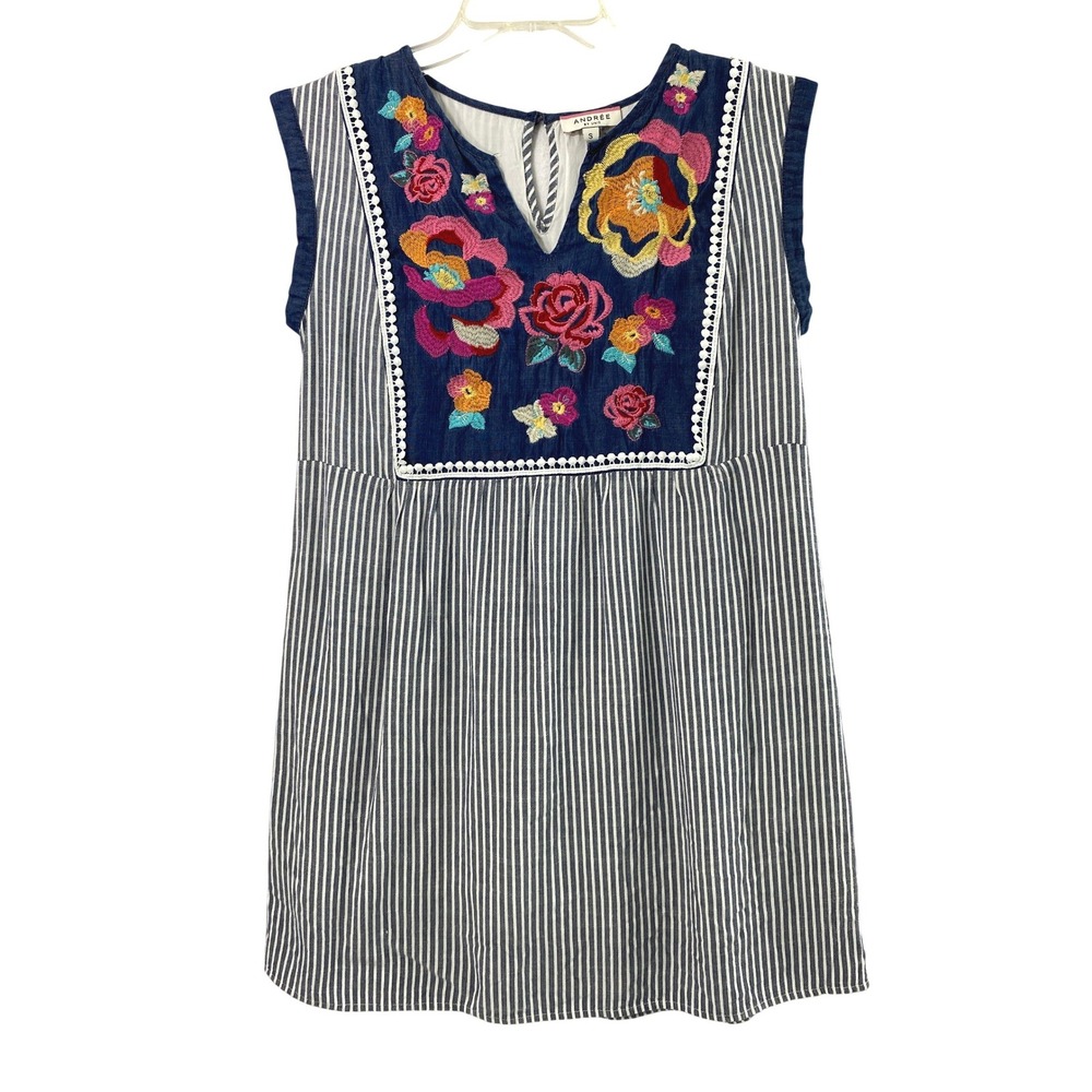Andree by Unit Sleeveless Tunic Dress‎ Womens Small Floral Embroidered Striped